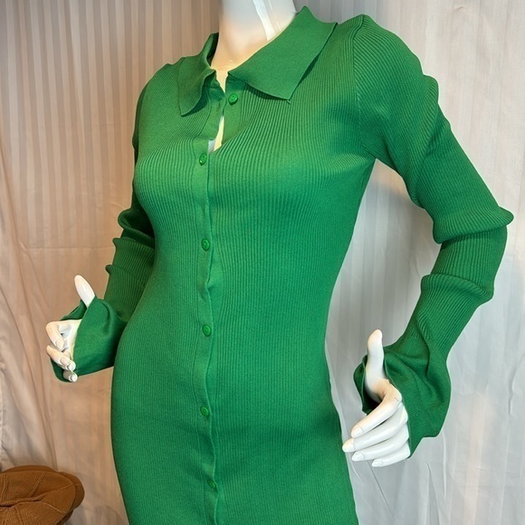 Micas Green Rib Knitted Collared Button Strips Flared Dress Size Large RefI027 - Picture 14 of 17